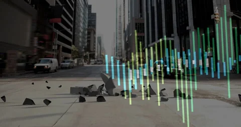 Futuristic data visualization animation over urban street with scattered debris Stock Footage 305833054