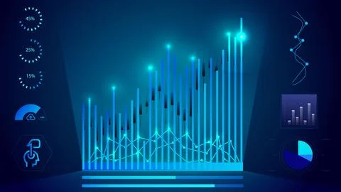 Futuristic data visualization with bar and line graphs, circular progress Illustrazione stock