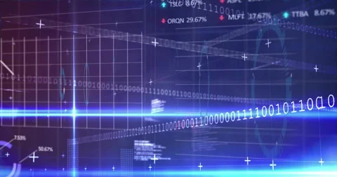 Futuristic data visualization featuring neon blue beam streaming binary code, Stock Footage 309106688
