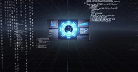 Futuristic data visualization image with glowing circular interface and graphs Stockillustratie