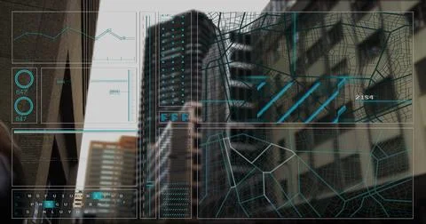 Futuristic data visualization image over urban cityscape with skyscrapers Foto stock