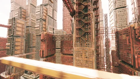 Futuristic decay sprawling across labyrinthine metal landscape Stock Footage 331523002