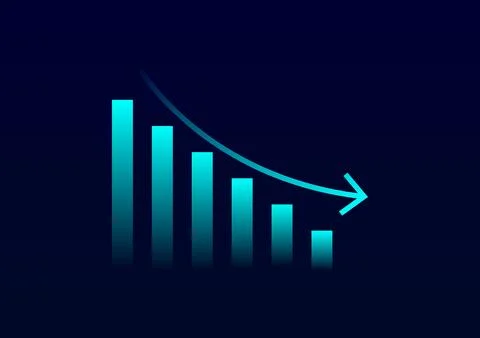Futuristic Declining Bar Chart with Downward Arrow on Dark Background Illustration