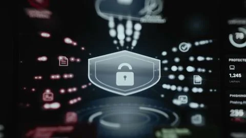 Futuristic defense interface centers a locked shield while counters 写真素材