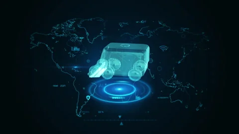 Futuristic Delivery Drone Concepts with World Map in Digital Blue Hue 库存影片 343373062