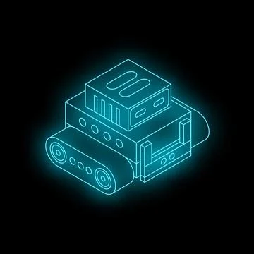 Futuristic delivery robot carrying a package with glowing neon lights Stock Illustration