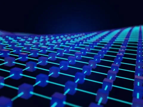 A futuristic depiction of a virtual network structured as interconnected blocks Stock Illustration