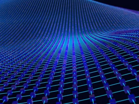 A futuristic depiction of a virtual network structured as interconnected blocks Stock Illustration