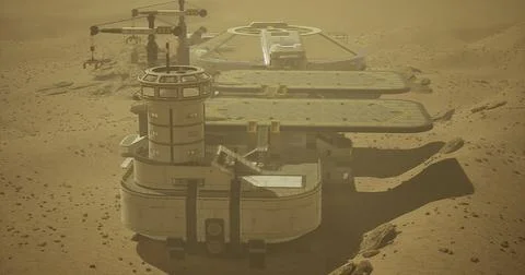 Futuristic desert lab featuring cutting edge architecture and tech Stock Illustration