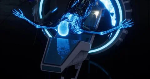 Futuristic design featuring glowing skeletal figure in a high tech setting Stock Illustration