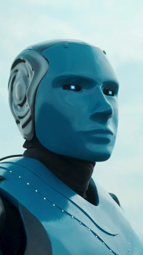 Futuristic design featuring intricate details in blue colored robotic armor and Stock Footage 305957320