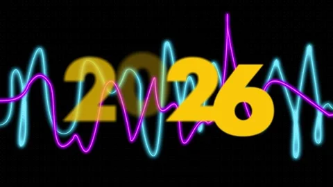 A futuristic design featuring the year 2026 with vibrant neon waveforms symbol Stock Footage 318870993