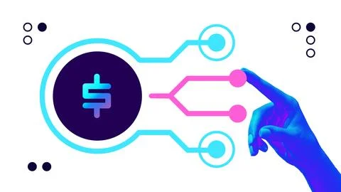 Futuristic design. Hand pointing at digital currency interface, visualizing 스톡 사진