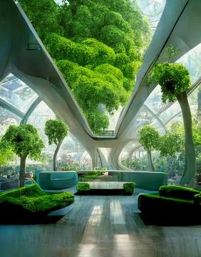 Futuristic design interior with lush green plants Illustrazione stock