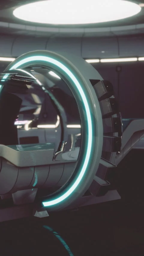 Futuristic design of a sleek transport pod with glowing lights in a modern room Stock Footage 336571417