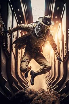 Futuristic Detective Jumping through a dim tunnel, Cinematic, Robot Detective Stock Illustration