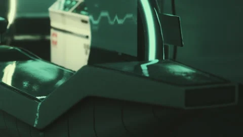 Futuristic Device Glowing With Green Light Inside a Dark Room Stock Footage 348604099