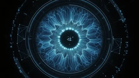 Futuristic Digital AI Eye Iris with Glowing Particles on Black Background 스톡 동영상 342164349