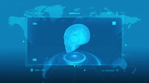 Futuristic Digital AI Interface with Global Map and Virtual Human Face in B.. 库存影片 342815058
