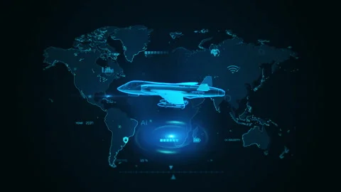 Futuristic Digital Aircraft Over World Map with AI Elements and Blue Theme Stock Footage 342292028