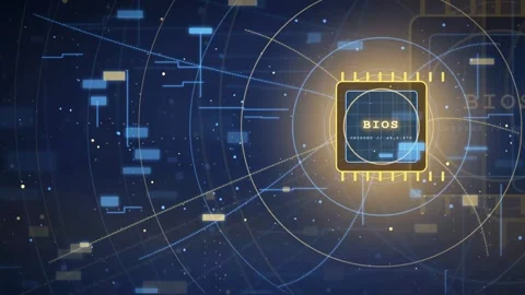 Futuristic digital animation of a computer bios chip with glowing data streams Stock Footage 343157743