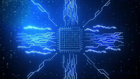 Futuristic digital animation showing a glowing microchip with electric. Stock Footage 313276065