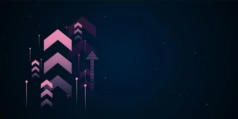 A futuristic digital arrow up on dark background showcases multiple pink ar.. Stock Illustration