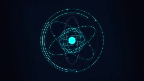 Futuristic digital atom model animation featuring glowing cybernetic particles Stock Footage 346737855