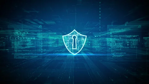 Futuristic digital background featuring a glowing shield with a keyhole. Stock Footage 308049456