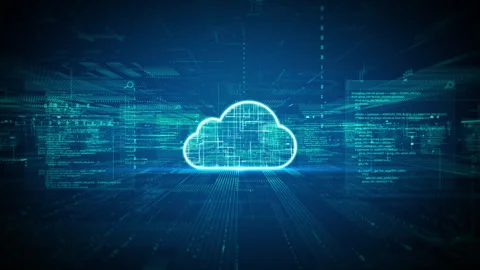 Futuristic digital background with a glowing cloud icon represents cloud Video stock 308049459