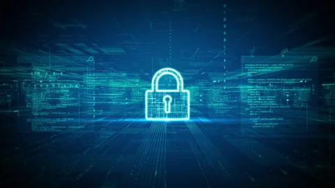 Futuristic digital background with a glowing lock icon, representing data Stock Footage 308049635