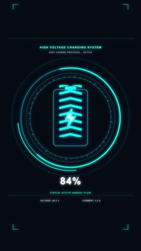 Futuristic digital battery charge indicator with neon HUD interface, energy.. Stock Footage 348334701