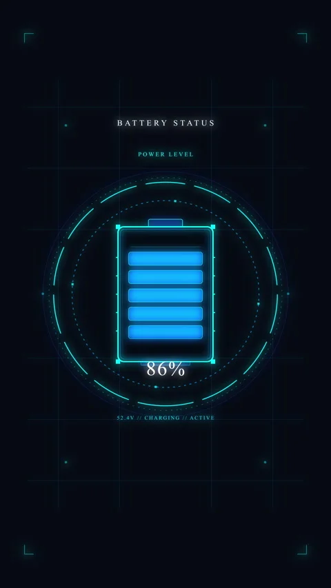 Futuristic digital battery charge indicator with glowing blue energy bars, .. Stock Footage 348335365