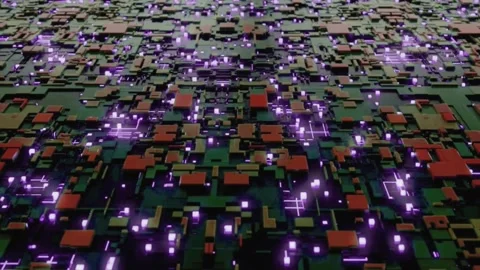 Futuristic Digital Blocks with Neon Lights on Circuit Board Stock Footage 311324171