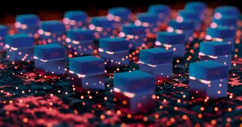 Futuristic Digital Blocks with Neon Lights on Circuit Board.. Ilustración de archivo