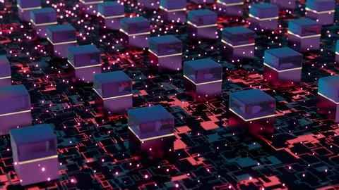 Futuristic Digital Blocks with Neon Lights on Circuit Board.. Stock Illustration