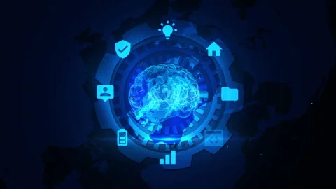 Futuristic Digital Brain AI Technology Concept with Blue Gear Interface 库存影片 339112573
