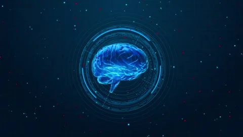 Futuristic digital brain interface animation neural network circular HUD grid Stock Footage 333793047