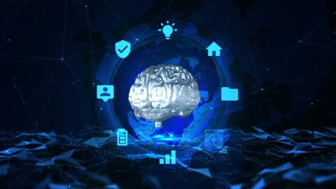 Futuristic Digital Brain with Network and Technology Icons in Blue Cyberspace Stock Footage 339181418