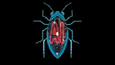 Futuristic digital Bug AI neon text and micro processer circuit on the blac.. Stock Footage 271076945