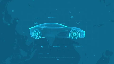 Futuristic Digital Car: AI-Driven Design Concept with Blue Glow on World Map Stock Footage 341375122