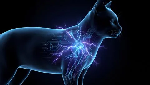 Futuristic digital cat anatomy visualization with neural and electrical sig.. Stock Illustration