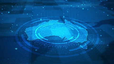 Futuristic Digital Circle Security System Australia Map HUD Stock Footage 339046416