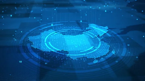 Futuristic Digital Circle Security System China Map HUD Stock Footage 339046425