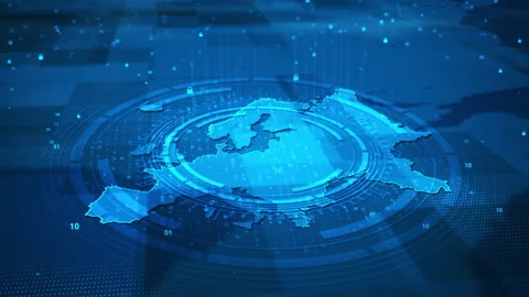 Futuristic Digital Circle Security System Europe Map HUD Stock Footage 339046444
