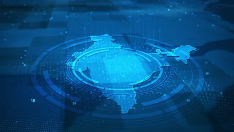 Futuristic Digital Circle Security System India Map HUD Stock Footage 339046458