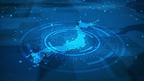 Futuristic Digital Circle Security System Japan Map HUD 库存影片 339046461