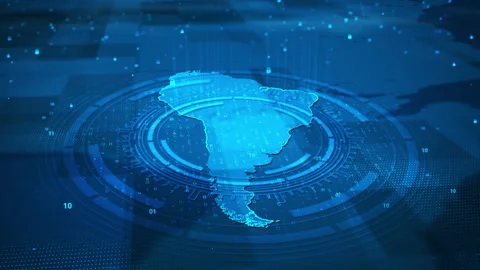 Futuristic Digital Circle Security System South America Map HUD Stock Footage 339046484