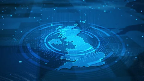 Futuristic Digital Circle Security System United Kingdom Map HUD Stock Footage 339046536
