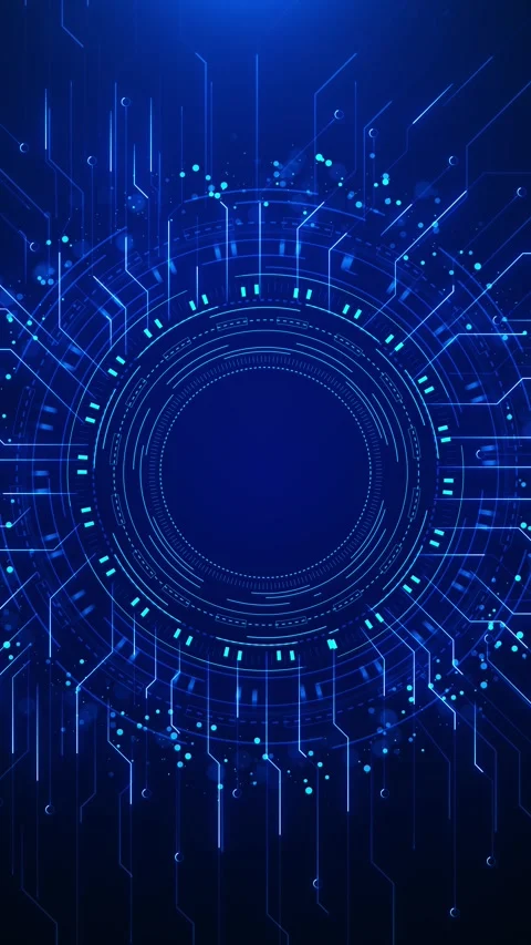 Futuristic digital circle tech portal features HUD rings, blue circuit paths, gl Stock Footage 340409237